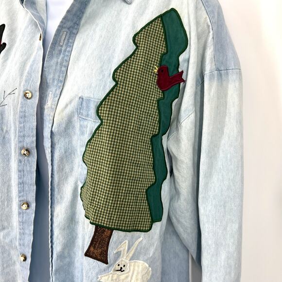 Crystal Springs Vintage Chambray Holiday Applique Denim Button Up Shirt Size S - Picture 2 of 9